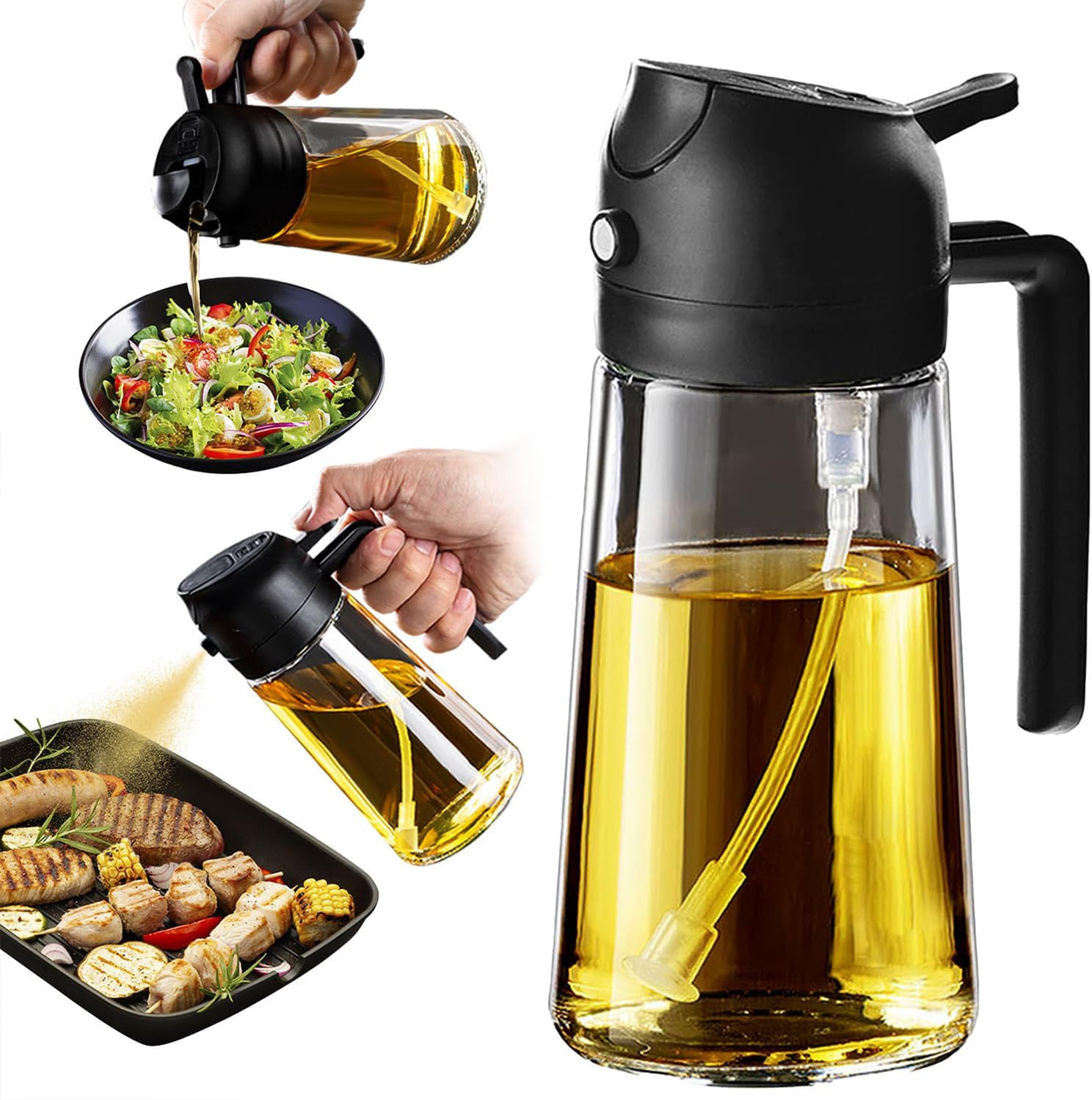 TrendPlain 16oz/470ml Glass Olive Oil Sprayer for Cooking - 2 in 1 Olive Oil Dispenser for Kitchen Gadgets, Air Fryer, Salad, and BBQ - Black